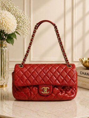 Authentic Chanel Quilted Flap Bag Red Leather Gold Chain Shoulder Bag Luxury